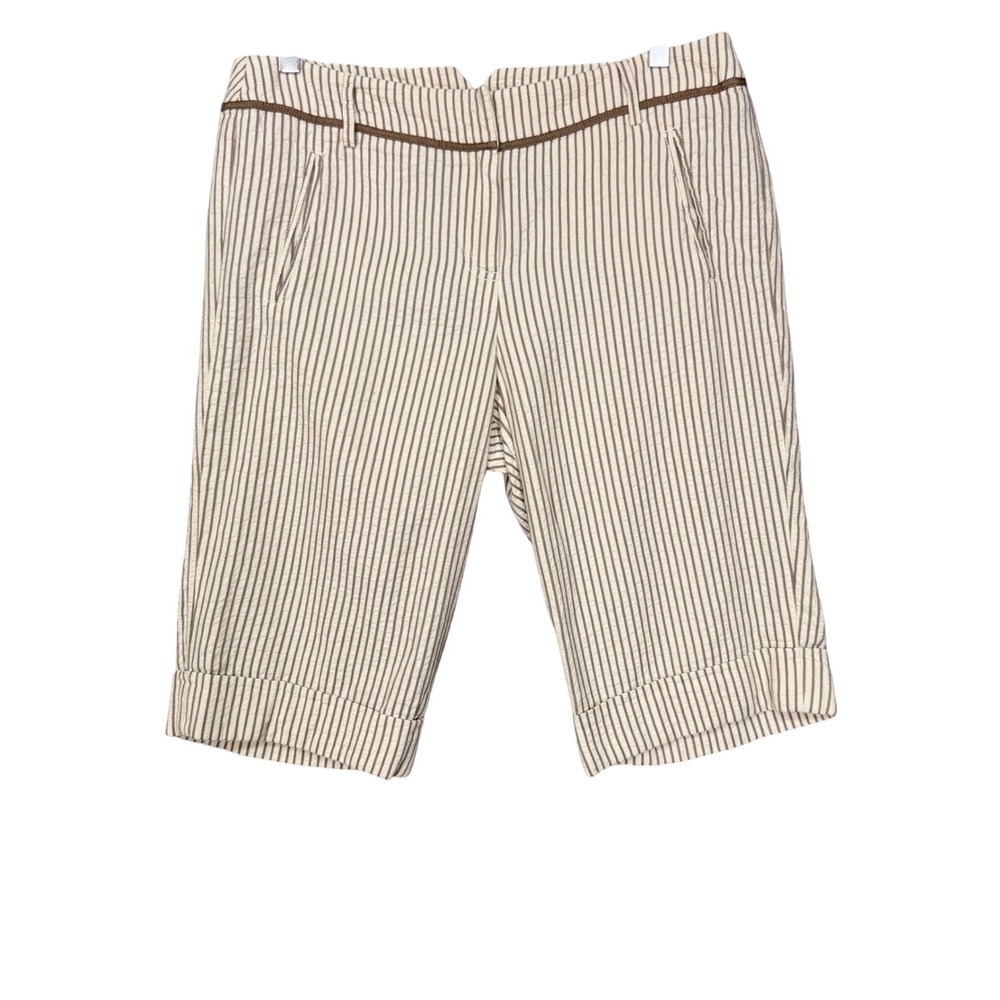 Sandro Sportswear Shorts Womens 12 Tan‎ Brown Striped Seersucker Knee Length